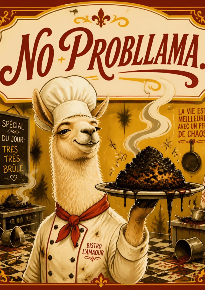 Tres Tres Brule — No Probllama art print: a llama chef in a toque and neckerchief at Bistro L'Amour holding up a platter of blackened, charred food in a smoky kitchen, with a French chalkboard special and gold script NO PROBLLAMA. lettering on a warm sepia-cream ground