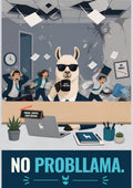 Zero Drama — No Probllama art print: a flat vector office scene in greys: papers and ceiling tiles flying as panicked colleagues scatter, while a calm llama in sunglasses sits at a desk with a coffee mug, laptop and plants; a FOCUS. COFFEE. ZERO DRAMA. sign and NO PROBLLAMA. in a navy band below