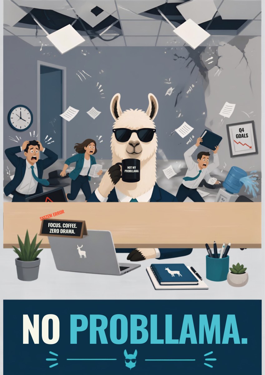 Zero Drama — No Probllama art print: a flat vector office scene in greys: papers and ceiling tiles flying as panicked colleagues scatter, while a calm llama in sunglasses sits at a desk with a coffee mug, laptop and plants; a FOCUS. COFFEE. ZERO DRAMA. sign and NO PROBLLAMA. in a navy band below