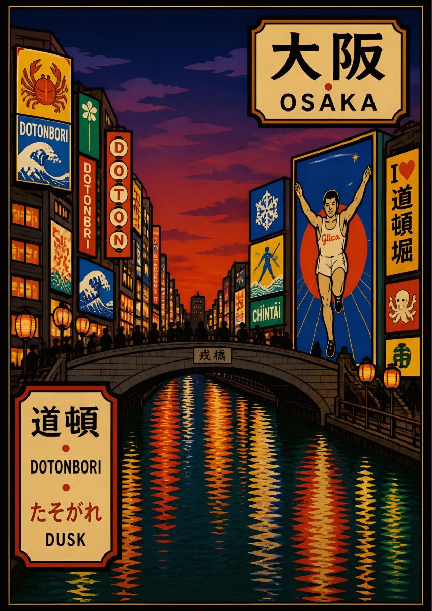 Dotonbori Dusk — Osaka art print: the Dotonbori canal at dusk with the Ebisu bridge and billboards reflected in ribbons of colour on dark water