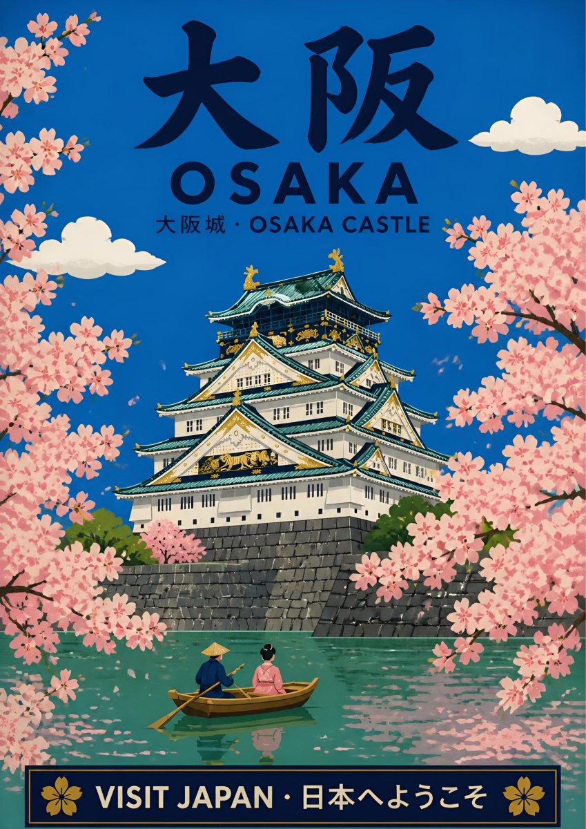 Osaka Castle — Osaka art print: the white and gold castle keep above its stone moat, framed by pink cherry blossom, a boat below