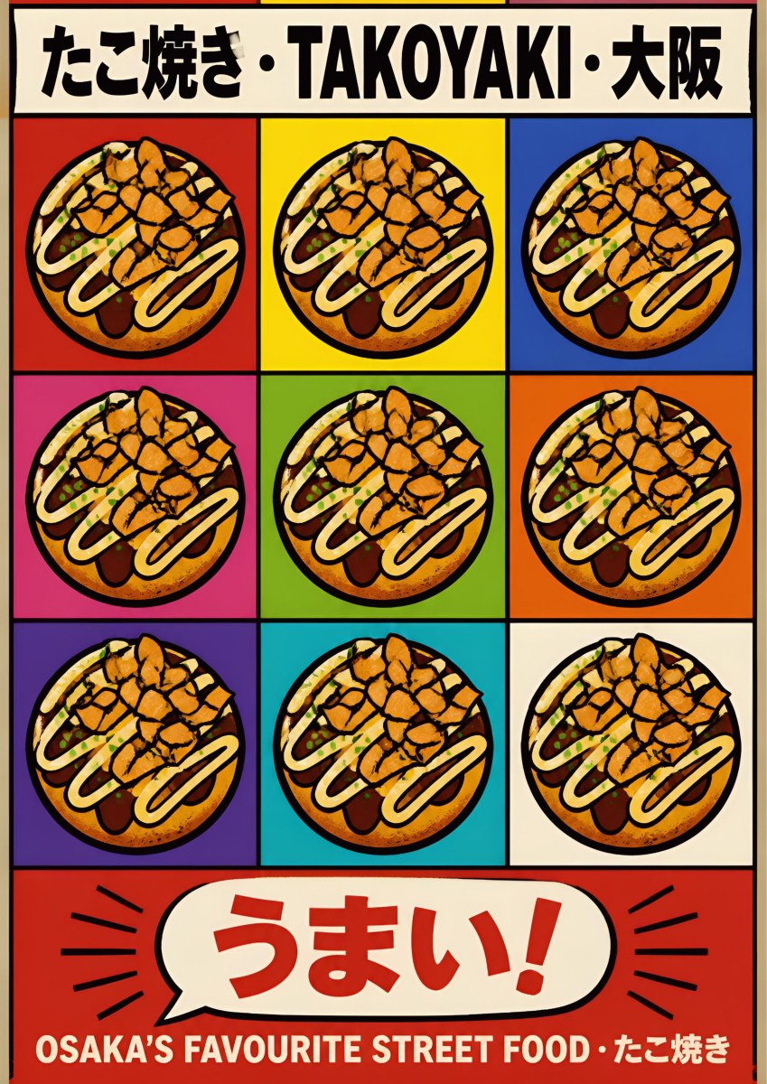 Takoyaki — Osaka art print: nine colour-block panels of takoyaki plates drizzled with sauce and mayonnaise, bold primary grid