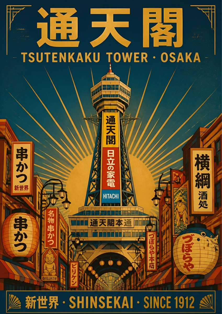 Tsutenkaku Tower — Osaka art print: tsutenkaku tower rising over the Shinsekai kushikatsu lanterns and signs, gold sunburst behind