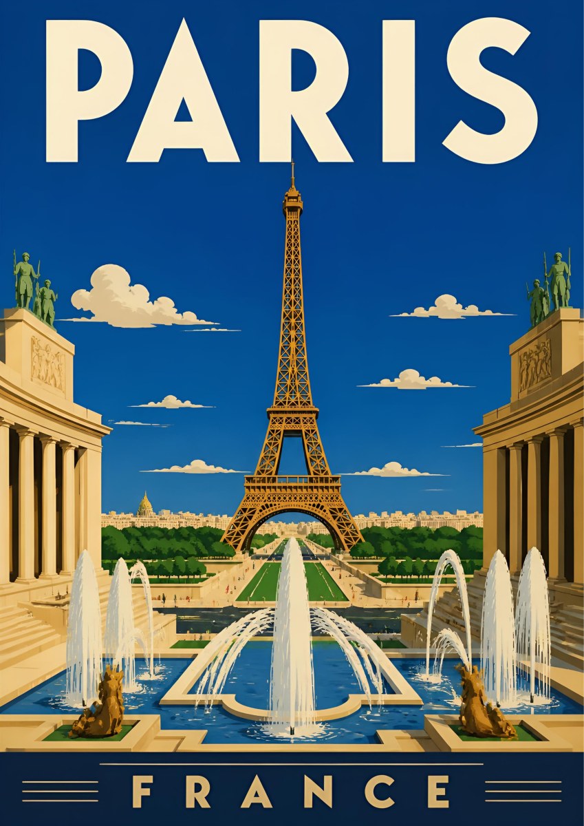 Fontaines du Trocadéro — Paris art print: the Eiffel Tower seen from the Trocadéro fountains under a deep blue sky, cream stone colonnades and green lawns