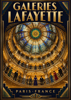 Galeries Lafayette — Paris art print: the gilded stained-glass dome of the Galeries Lafayette atrium, gold and peacock-blue art deco