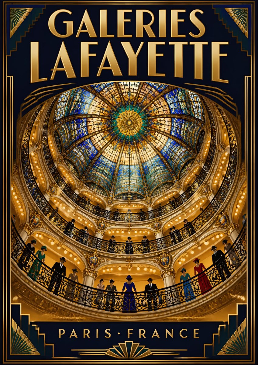 Galeries Lafayette — Paris art print: the gilded stained-glass dome of the Galeries Lafayette atrium, gold and peacock-blue art deco