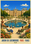 Jardin du Luxembourg — Paris art print: parisians in 1950s dress around the Luxembourg Gardens boating pond, palace behind, bright blue sky and flowerbeds