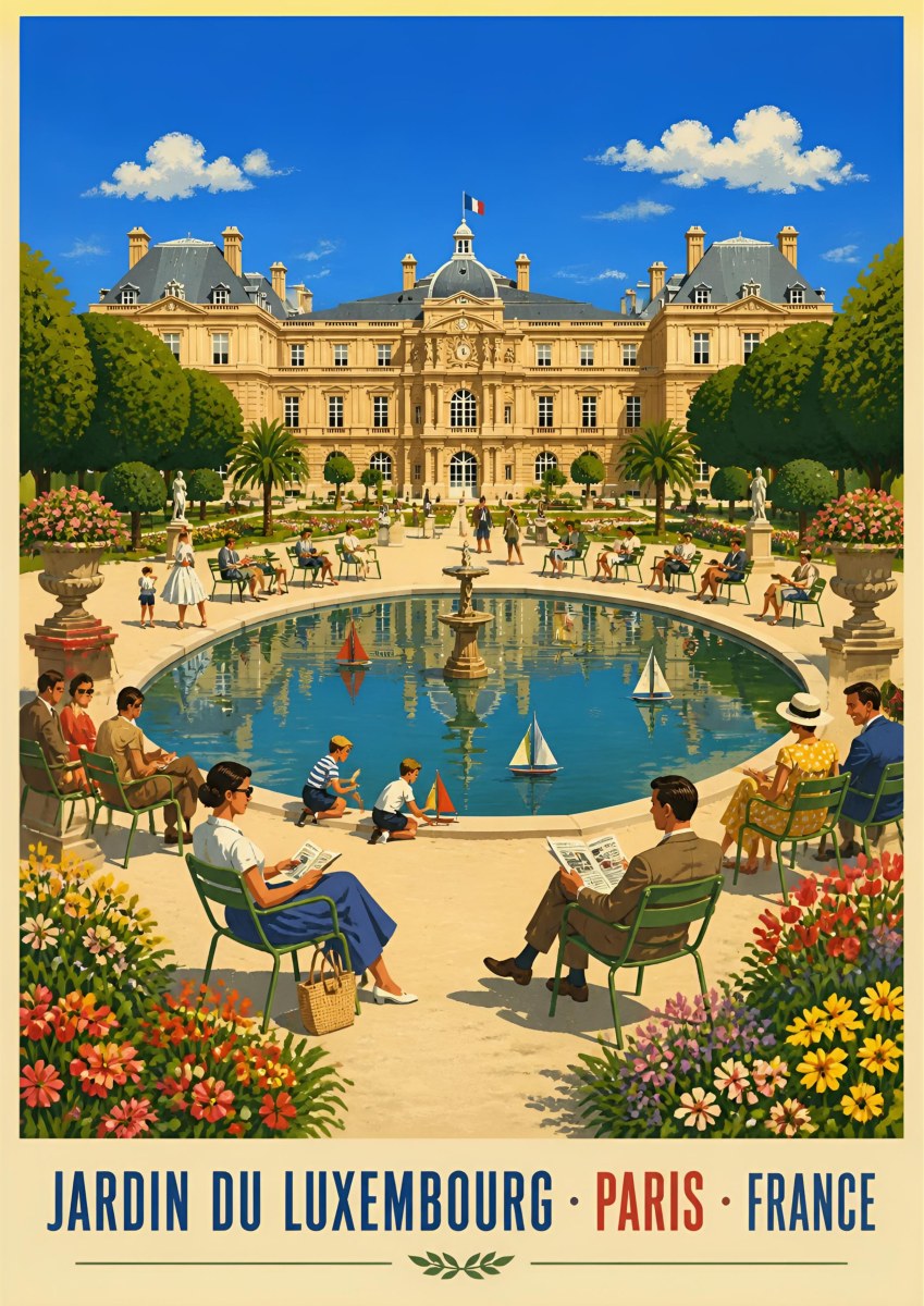 Jardin du Luxembourg — Paris art print: parisians in 1950s dress around the Luxembourg Gardens boating pond, palace behind, bright blue sky and flowerbeds