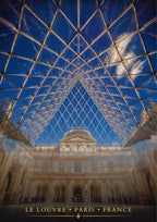 Le Louvre — Paris art print: looking up through the glass lattice of the Louvre Pyramid to blue sky, with the palace facade beyond