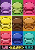Macarons — Paris art print: nine pop-art macarons in a 3x3 grid of saturated colour blocks - lilac, pistachio, pink, lemon, chocolate, teal