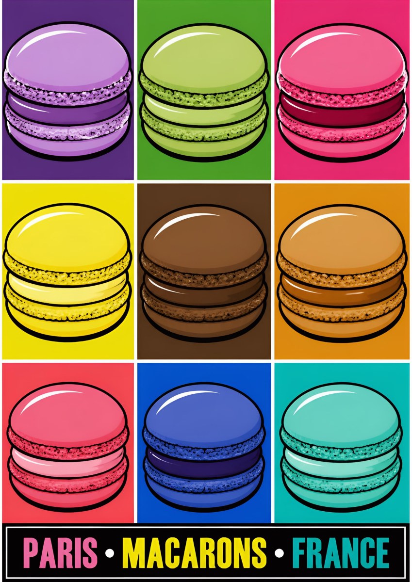 Macarons — Paris art print: nine pop-art macarons in a 3x3 grid of saturated colour blocks - lilac, pistachio, pink, lemon, chocolate, teal