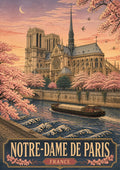 Notre-Dame de Paris — Paris art print: notre-Dame cathedral above the Seine framed by pink cherry blossom at dusk, a barge on slate-blue water
