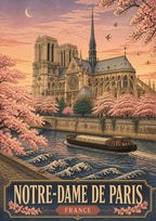 Notre-Dame de Paris — Paris art print: notre-Dame cathedral above the Seine framed by pink cherry blossom at dusk, a barge on slate-blue water
