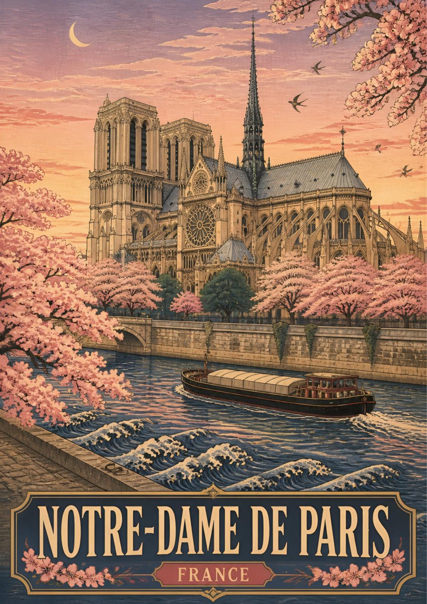 Notre-Dame de Paris — Paris art print: notre-Dame cathedral above the Seine framed by pink cherry blossom at dusk, a barge on slate-blue water