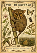 Carlito Syrichta — Bohol art print: vintage naturalist plate on aged cream paper showing a detailed tarsier gripping a bamboo stem, surrounded by an orchid, ferns, a butterfly, beetle and gecko, with a small hills vignette below