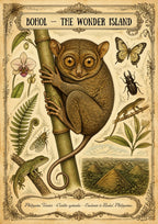 Carlito Syrichta — Bohol art print: vintage naturalist plate on aged cream paper showing a detailed tarsier gripping a bamboo stem, surrounded by an orchid, ferns, a butterfly, beetle and gecko, with a small hills vignette below