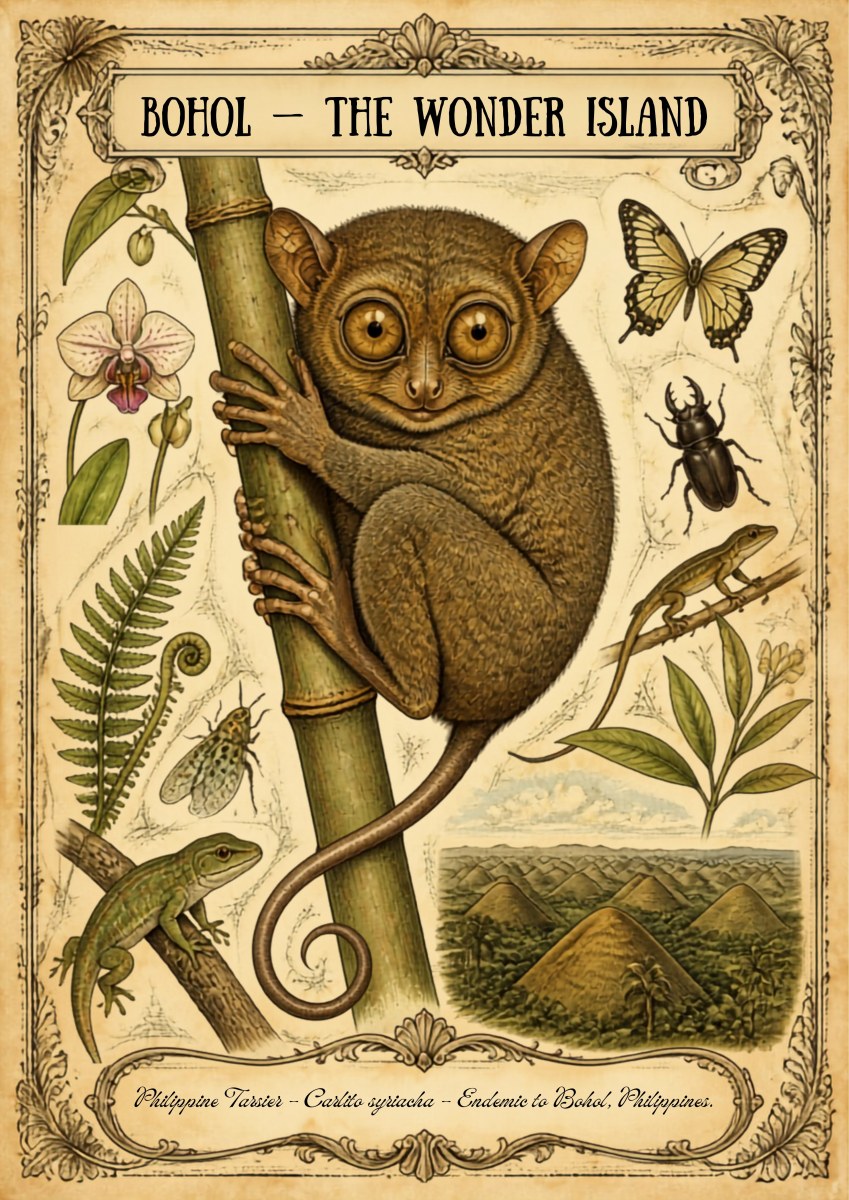 Carlito Syrichta — Bohol art print: vintage naturalist plate on aged cream paper showing a detailed tarsier gripping a bamboo stem, surrounded by an orchid, ferns, a butterfly, beetle and gecko, with a small hills vignette below