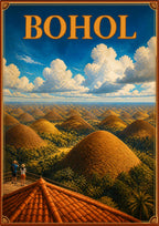 Chocolate Hills — Bohol art print: panoramic painting of hundreds of cone-shaped Chocolate Hills in dry-season brown and green under towering white clouds, with two visitors at a viewpoint above a red-tiled roof