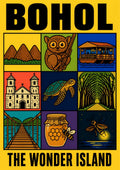 Hiyas ng Isla — Bohol art print: yellow poster with a nine-panel grid of flat colour icons: the hills, a tarsier, a river cruise boat, the Baclayon stone church, a sea turtle, the man-made mahogany forest, a hanging bridge, a honey jar with bees and a firefly at night