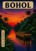 Ilog Loboc — Bohol art print: woodblock-style poster of a lantern-lit floating restaurant drifting down the Loboc River between dense palm jungle, under a crimson and violet sunset reflected in the water