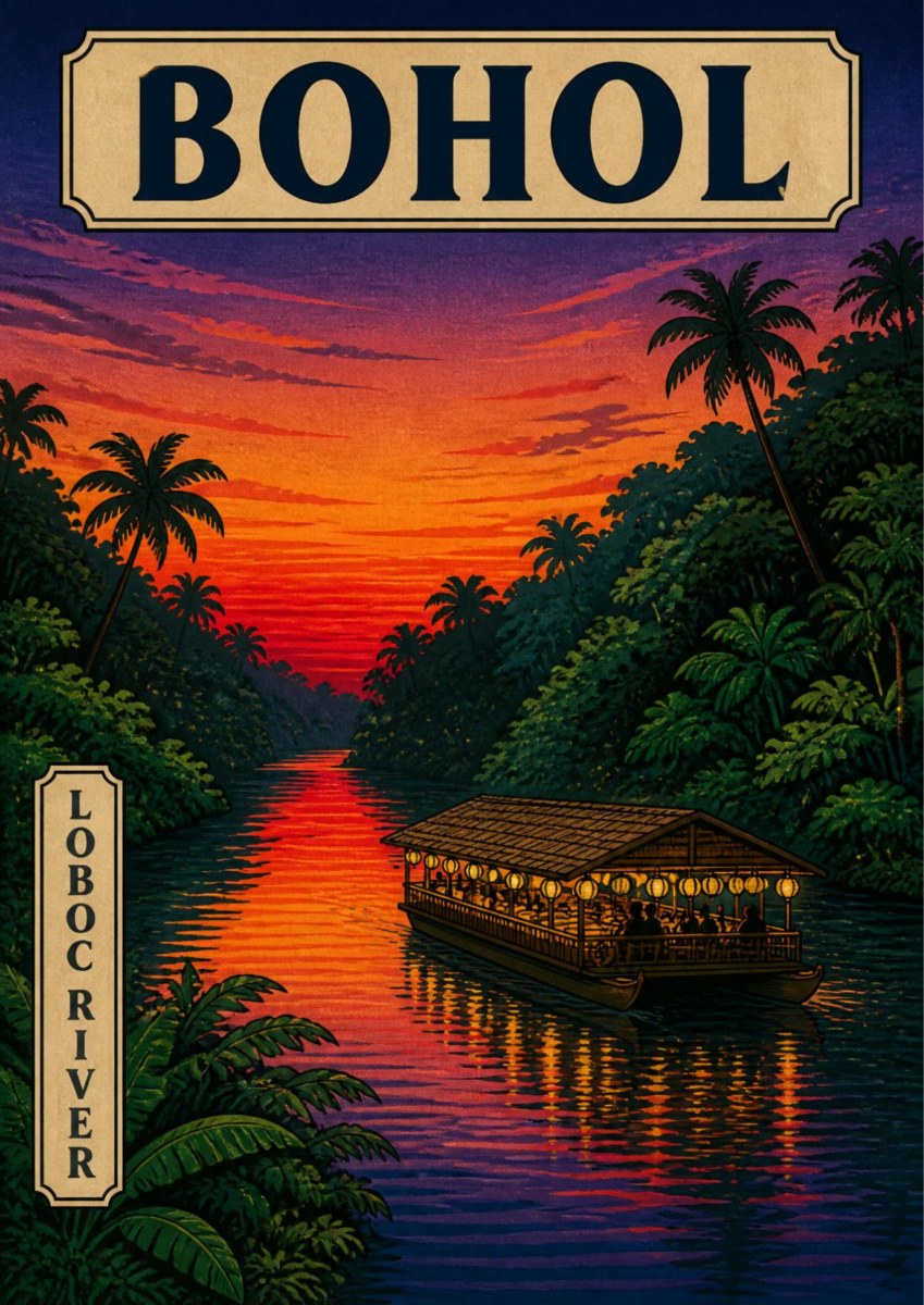 Ilog Loboc — Bohol art print: woodblock-style poster of a lantern-lit floating restaurant drifting down the Loboc River between dense palm jungle, under a crimson and violet sunset reflected in the water