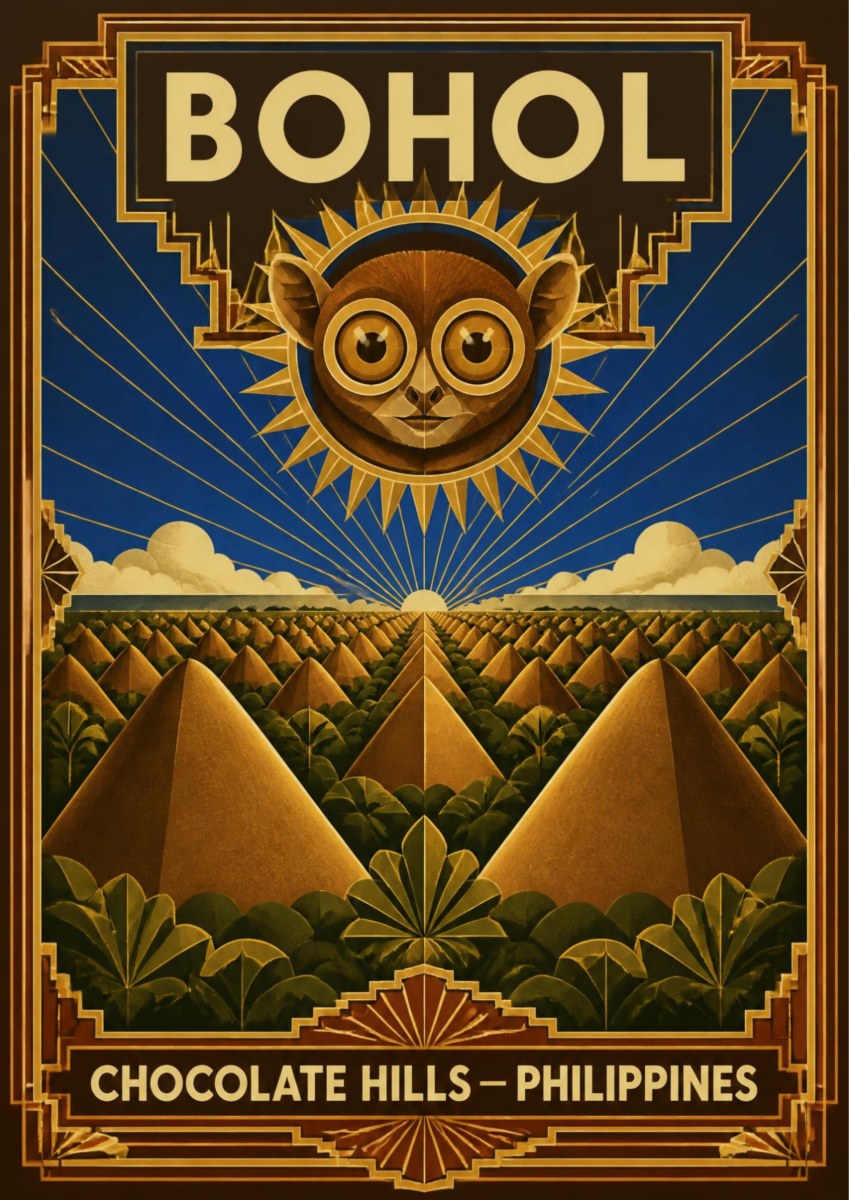 Sunburst Tarsier — Bohol art print: art deco poster in gold and deep blue with a stylised tarsier face as a radiating sun above geometric rows of the Chocolate Hills