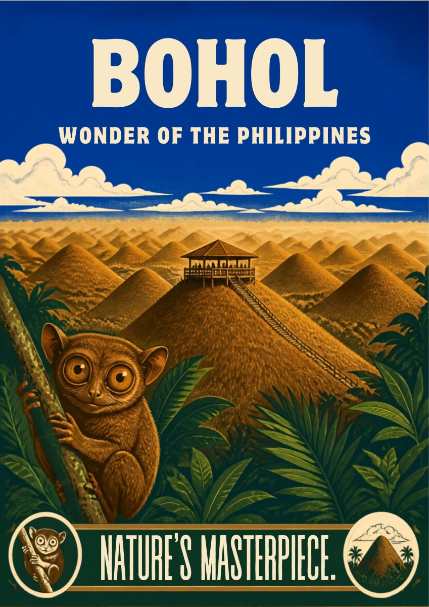 Tarsier Vista — Bohol art print: retro travel poster of a wide-eyed tarsier clinging to a branch in the foreground, with the rolling brown Chocolate Hills, a hilltop viewing hut and a blue sky behind