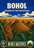 Tarsier Vista — Bohol art print: retro travel poster of a wide-eyed tarsier clinging to a branch in the foreground, with the rolling brown Chocolate Hills, a hilltop viewing hut and a blue sky behind
