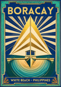 Layag — Boracay art print: an art deco poster in gold, cream and teal showing a single paraw sailboat head-on with tall triangular sails, framed by sunburst rays and a geometric border above the words 'White Beach - Philippines'