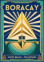 Layag — Boracay art print: an art deco poster in gold, cream and teal showing a single paraw sailboat head-on with tall triangular sails, framed by sunburst rays and a geometric border above the words 'White Beach - Philippines'