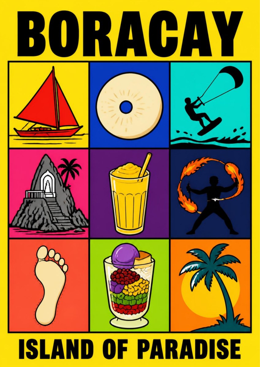 Paraiso — Boracay art print: a pop-art nine-panel grid on a yellow ground in bright flat colour showing a red-sailed paraw, a pineapple slice, a kitesurfer, Willy's Rock chapel, a mango shake, a fire dancer, a bare footprint in sand, a halo-halo dessert and a palm against a sunset, under the line 'island of paradise'