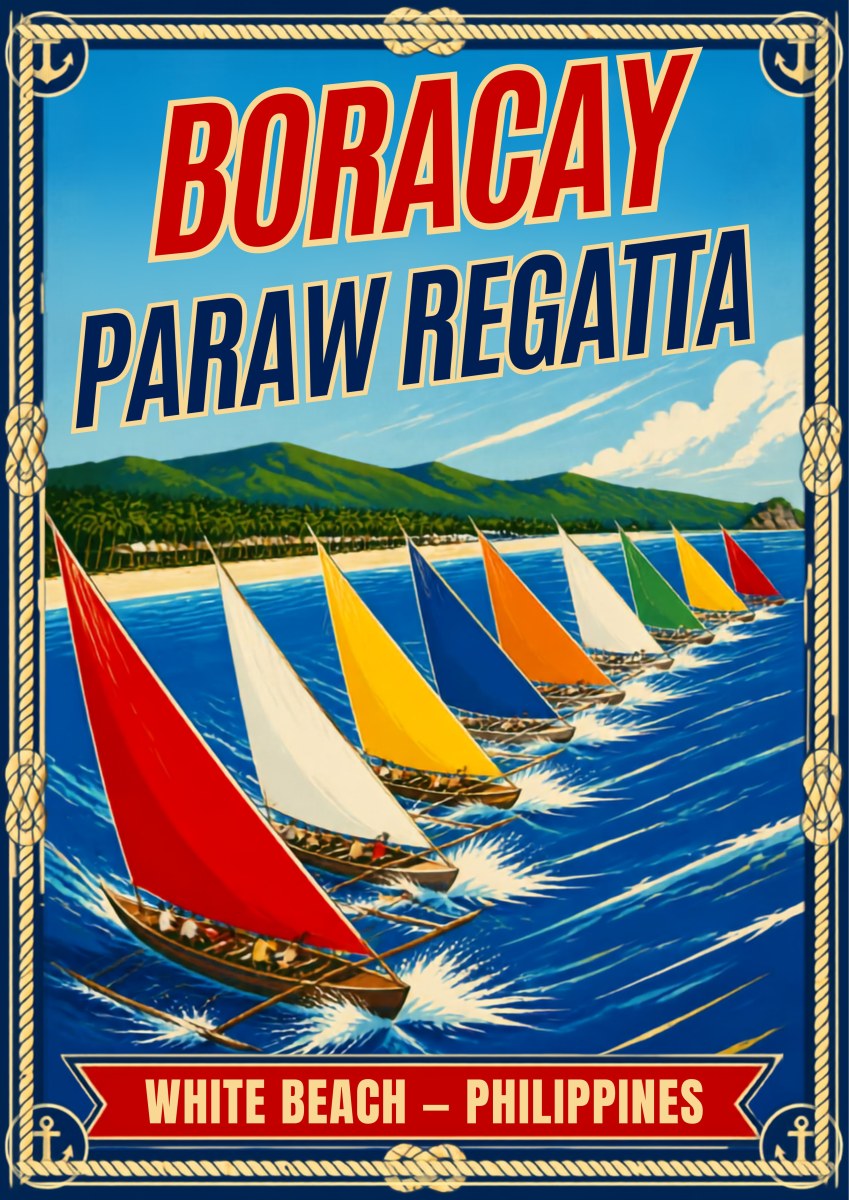 Paraw Regatta — Boracay art print: a bright retro poster of a long line of paraw outrigger boats with red, yellow, blue, orange and green sails racing across choppy blue water, green hills behind, titled 'Paraw Regatta' with 'White Beach - Philippines' below