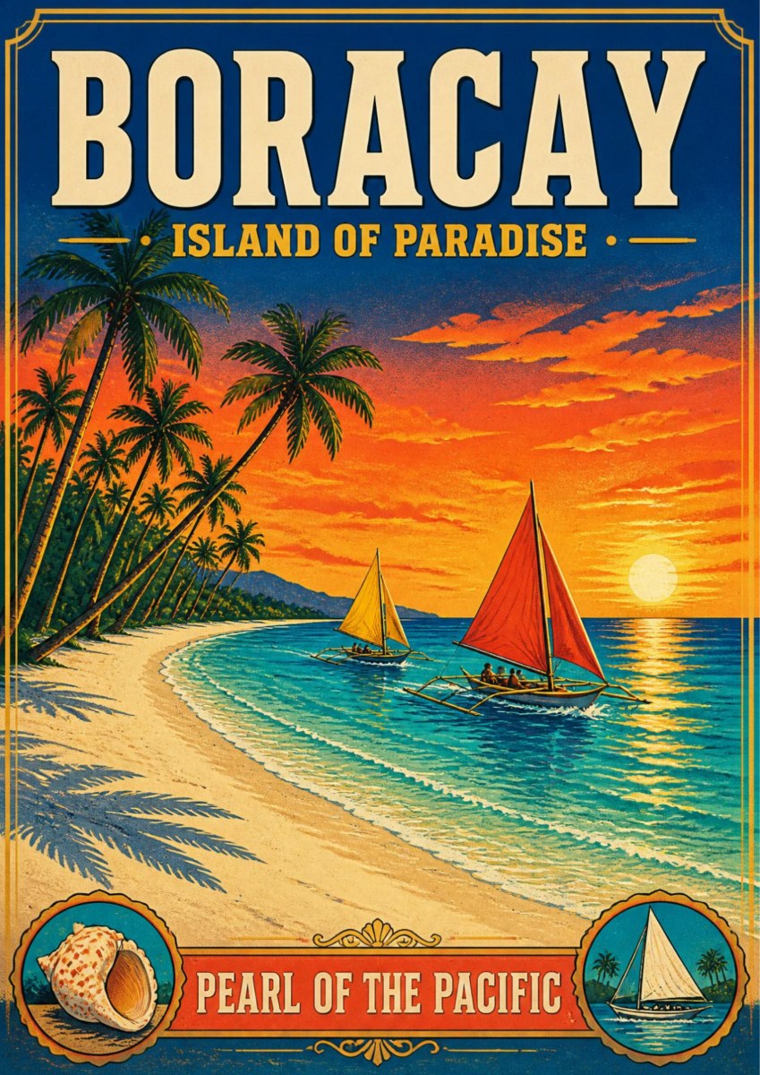 Pearl of the Pacific — Boracay art print: a vintage travel poster of a curving white beach lined with palms, turquoise shallows and two paraw outrigger sailboats with red and white sails against a blazing orange sunset, with a conch shell medallion and the words 'pearl of the Pacific'