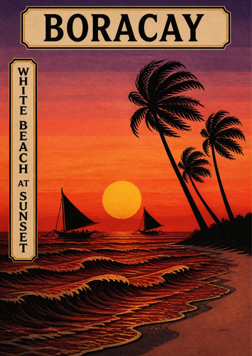 Takipsilim — Boracay art print: a woodblock-style poster of silhouetted palm trees and two paraw sailboats against a deep red and orange sunset, with a large pale sun low over dark rippling waves washing onto the sand