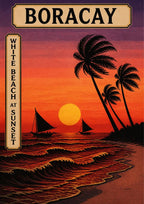 Takipsilim — Boracay art print: a woodblock-style poster of silhouetted palm trees and two paraw sailboats against a deep red and orange sunset, with a large pale sun low over dark rippling waves washing onto the sand