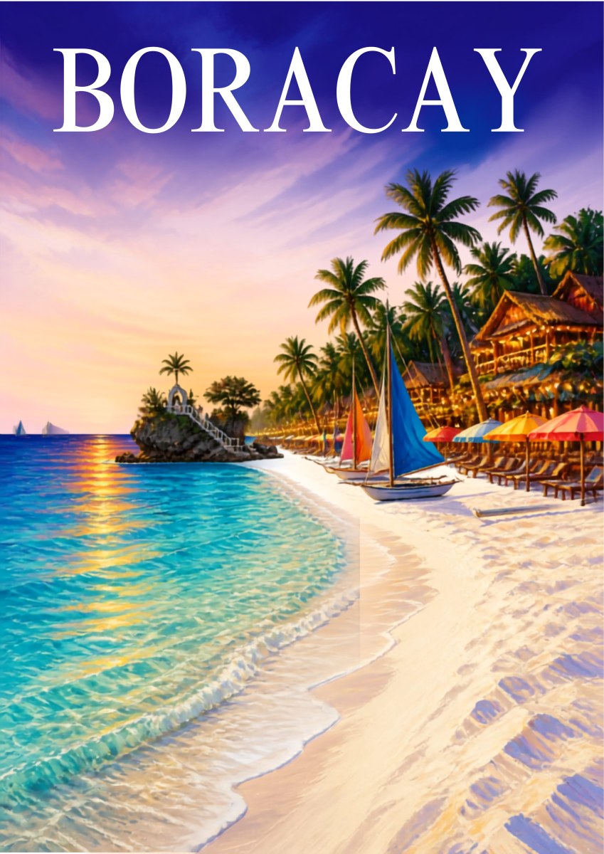 White Beach — Boracay art print: a soft painterly poster of White Beach at dusk with pale lilac and gold sky, clear turquoise water lapping fine white sand, palm-shaded beach huts, coloured parasols and small sailboats drawn up on the shore