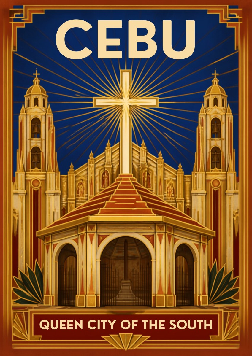 Basilika — Cebu art print: a warm gold and terracotta poster of a twin-towered colonial church with arched doorways, a radiant cross above its facade and palm fronds at the edges, captioned Queen City of the South