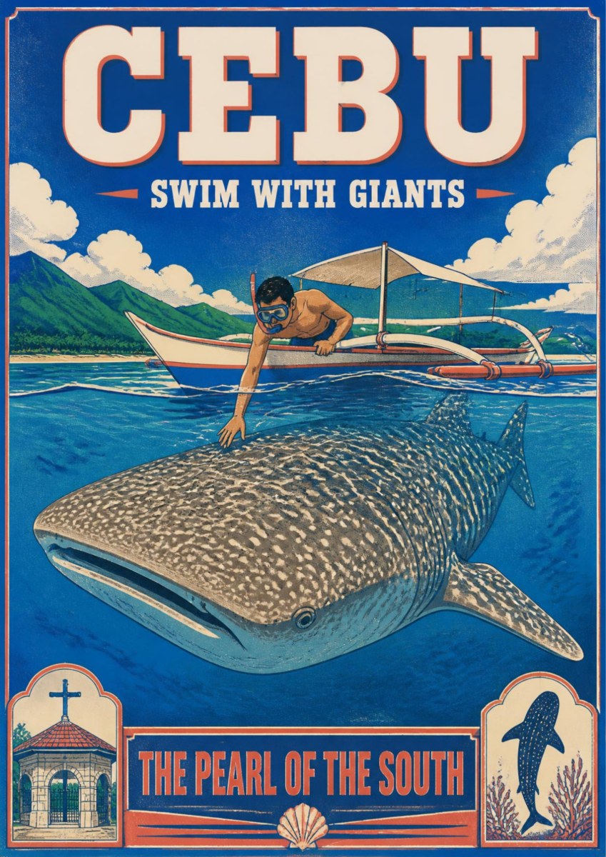 Butanding — Cebu art print: a retro poster of a swimmer leaning from an outrigger bangka to touch a huge spotted whale shark gliding through blue water, with green headlands behind and the strapline The Pearl of the South