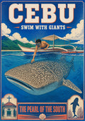 Butanding — Cebu art print: a retro poster of a swimmer leaning from an outrigger bangka to touch a huge spotted whale shark gliding through blue water, with green headlands behind and the strapline The Pearl of the South