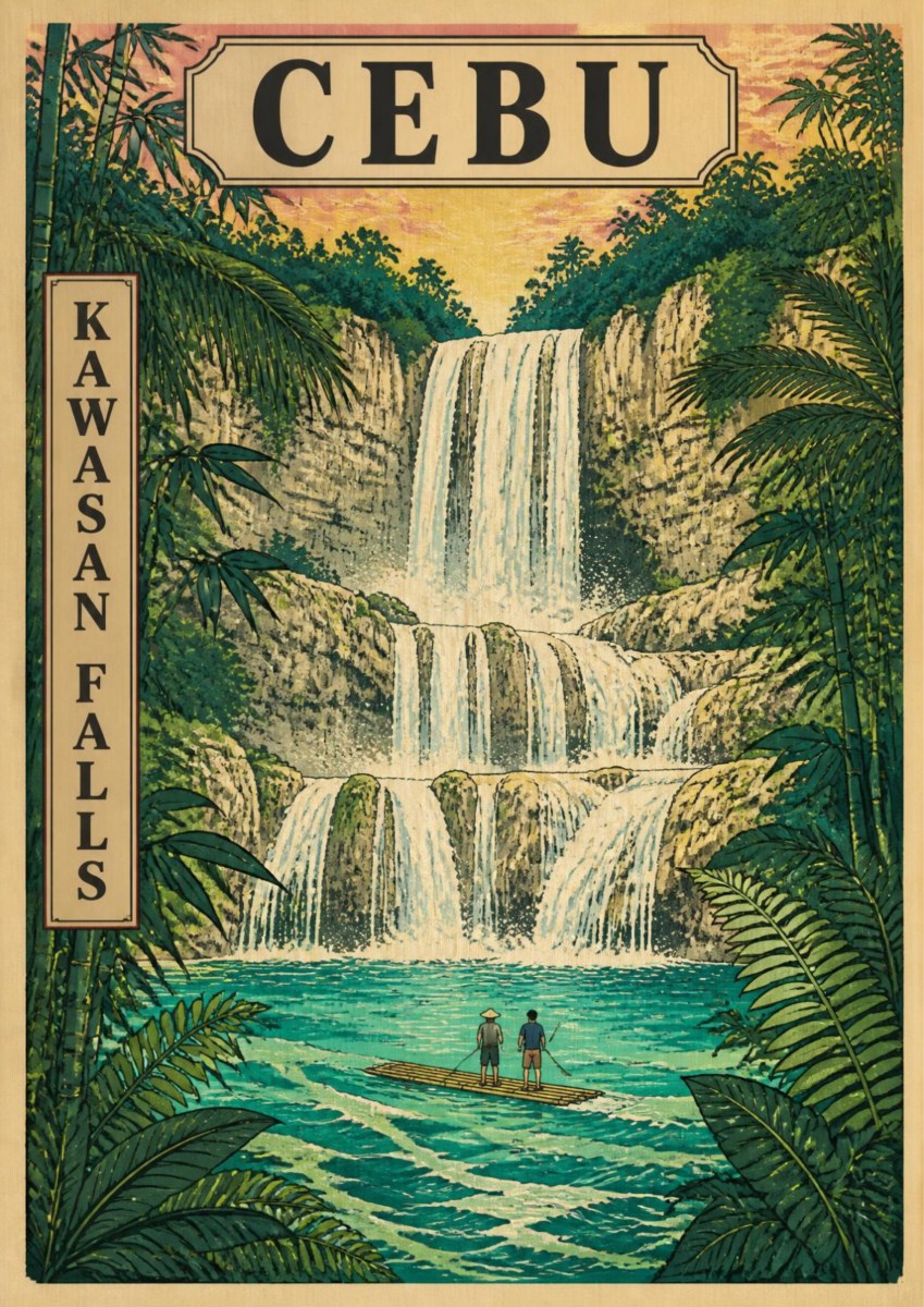 Kawasan — Cebu art print: a lush jungle scene of the tiered Kawasan Falls tumbling down pale rock into a turquoise pool, with two tiny figures on a bamboo raft and broad palm fronds framing the view