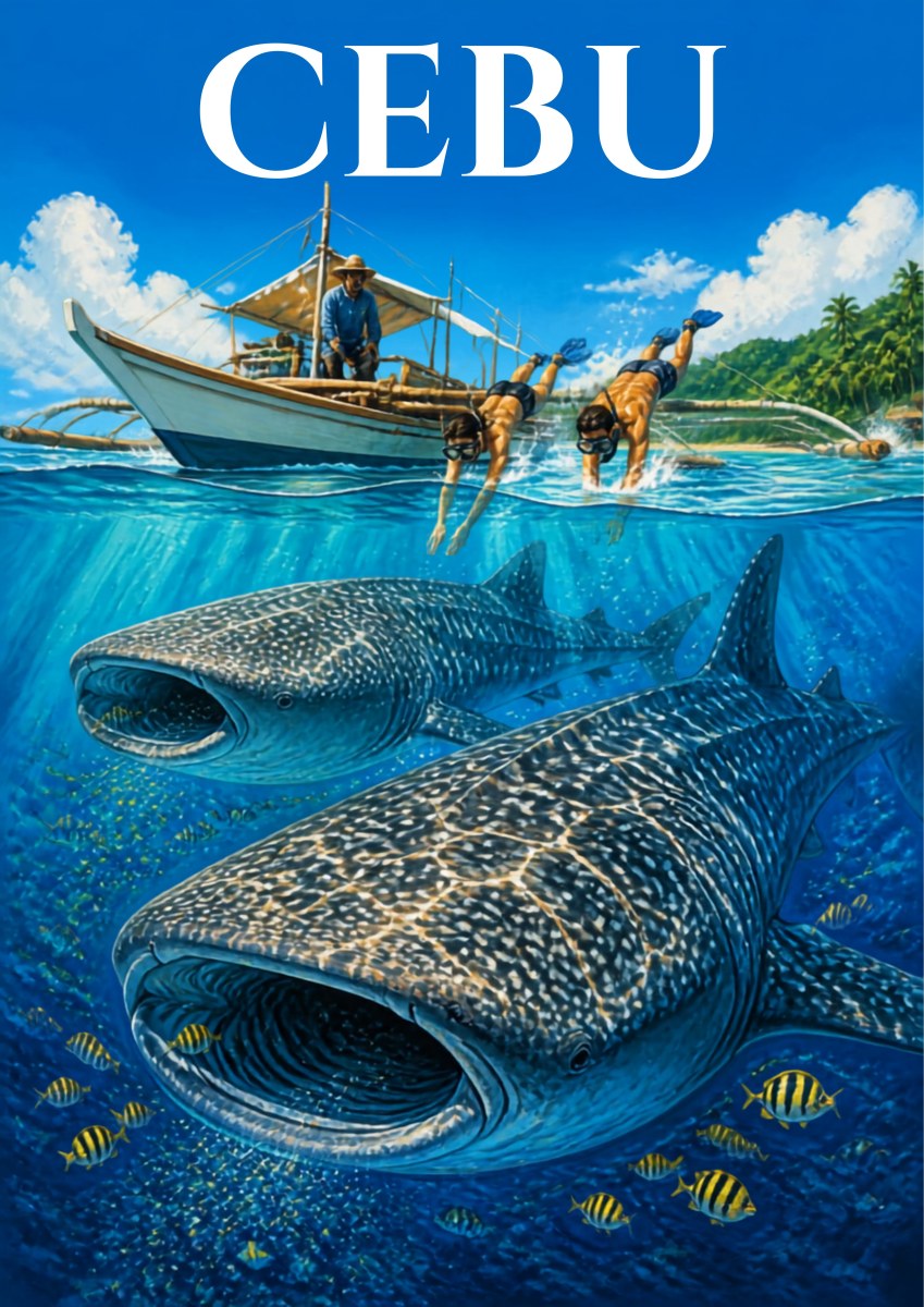 Oslob Deep — Cebu art print: a split-level underwater illustration with snorkellers slipping from a bangka above and two enormous spotted whale sharks mouths-open below, surrounded by small striped fish in clear blue water