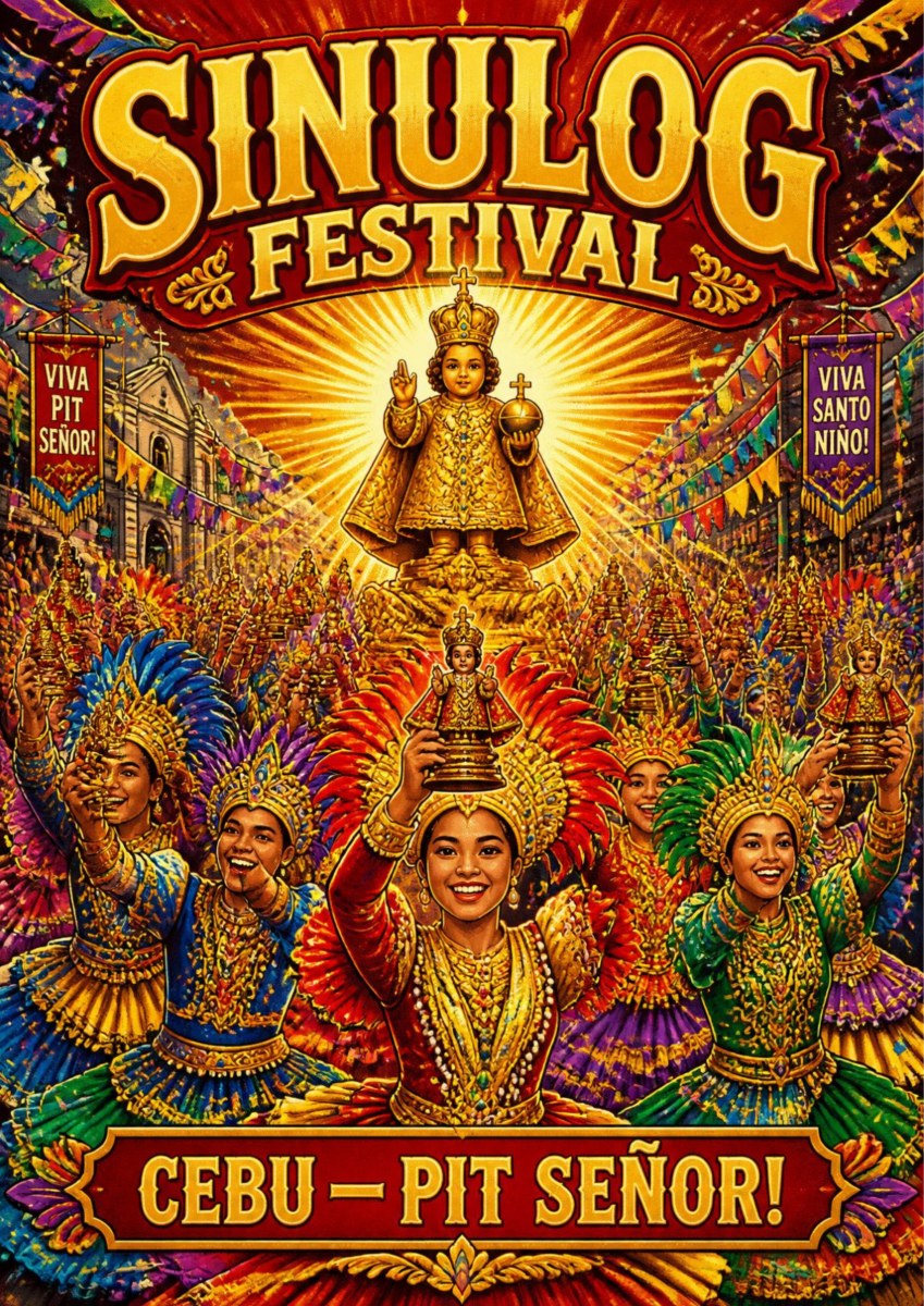 Pit Senor — Cebu art print: a crowded golden Sinulog festival scene with dancers in scarlet and gold feathered headdresses, streamers and banners, and a glowing Santo Nino figure raised above the throng