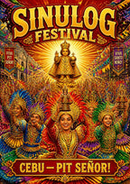 Pit Senor — Cebu art print: a crowded golden Sinulog festival scene with dancers in scarlet and gold feathered headdresses, streamers and banners, and a glowing Santo Nino figure raised above the throng