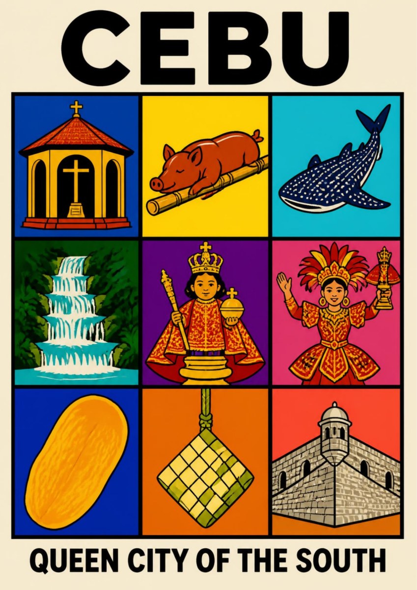 Siyam — Cebu art print: a nine-panel icon grid in bright flat colours showing a magellan-style cross pavilion, lechon, a whale shark, a waterfall, the Santo Nino figure, a Sinulog dancer, a dried mango, a hanging rice packet and a stone fort