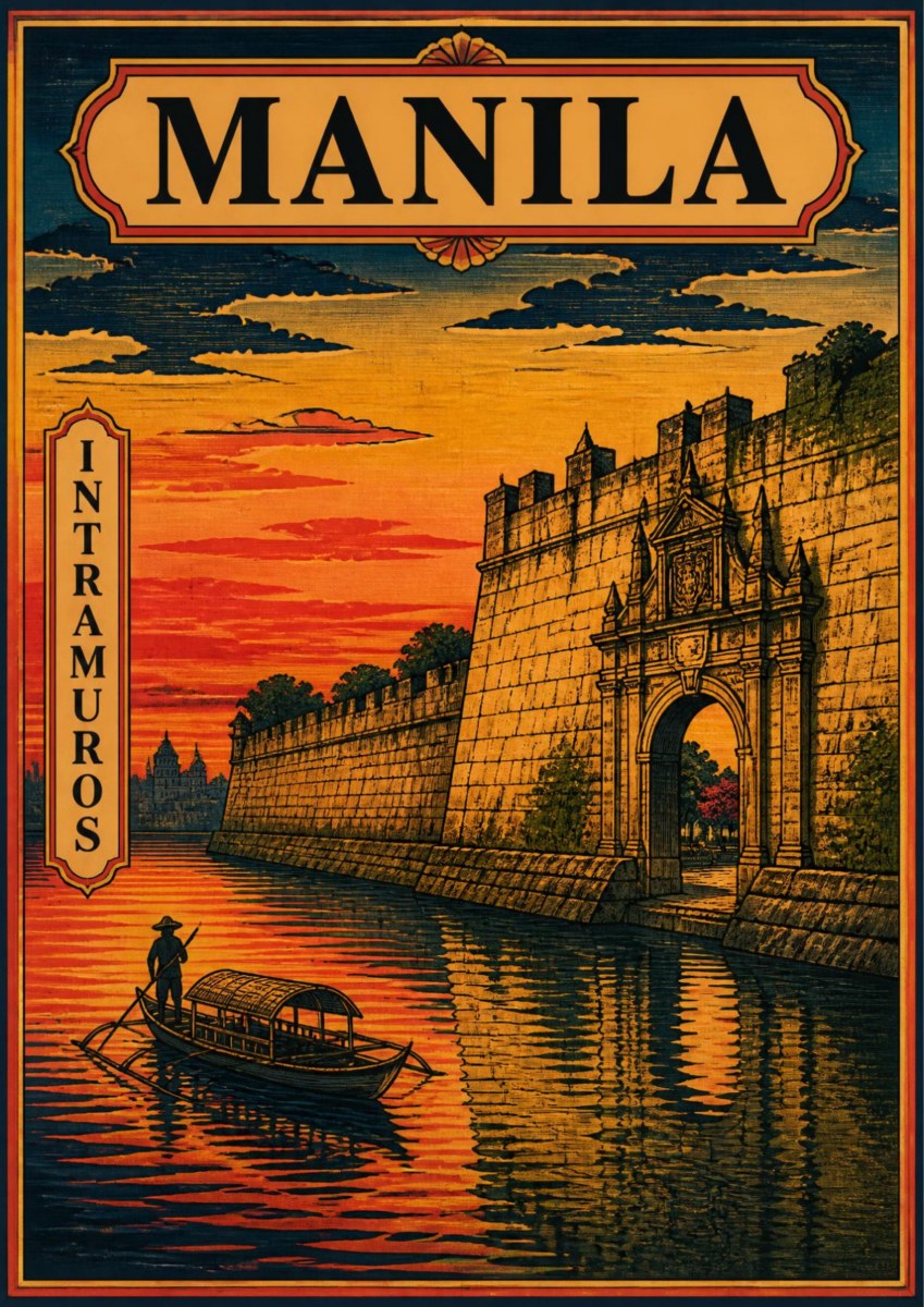 Intramuros — Manila art print: woodcut-style scene of the massive stone walls and arched gate of Intramuros reflected in the moat at sunset, a lone boatman poling a covered banca in the foreground
