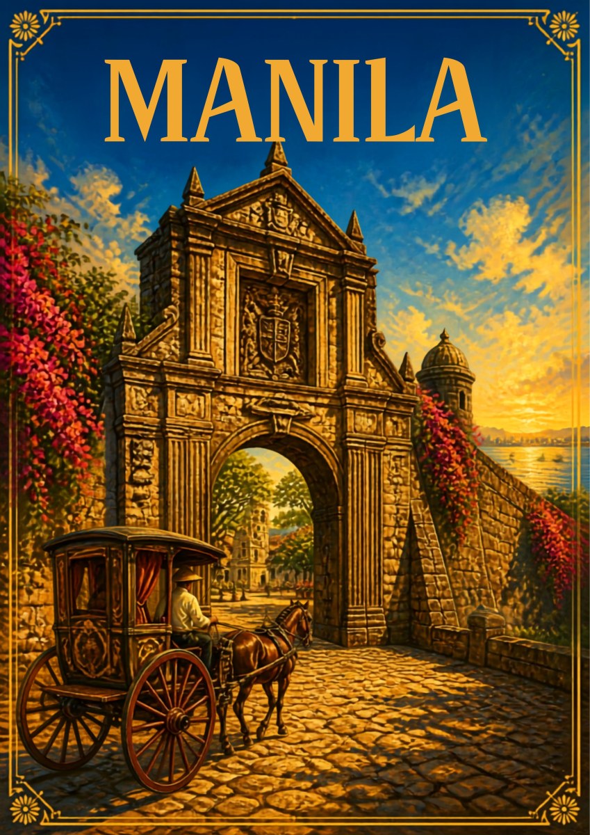 Kalesa sa Puerta — Manila art print: painterly golden-hour scene of a horse-drawn kalesa passing under a carved stone gateway on a cobbled street, bougainvillea spilling over the old city wall