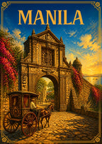 Kalesa sa Puerta — Manila art print: painterly golden-hour scene of a horse-drawn kalesa passing under a carved stone gateway on a cobbled street, bougainvillea spilling over the old city wall