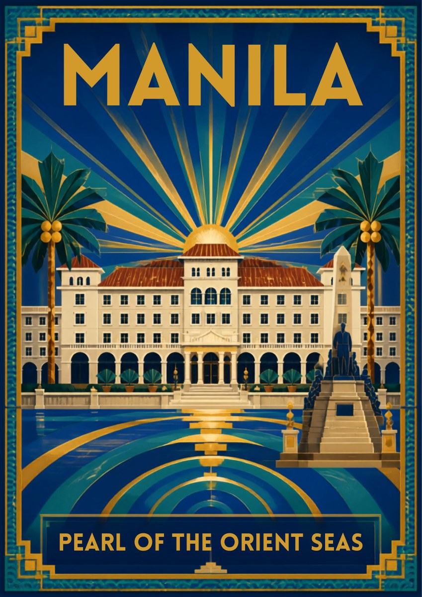 Palasyo sa Look — Manila art print: art deco poster of a grand white colonnaded building with a domed centre and red tile roof, flanked by palms, against radiating blue and gold sun rays and concentric water ripples