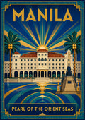 Palasyo sa Look — Manila art print: art deco poster of a grand white colonnaded building with a domed centre and red tile roof, flanked by palms, against radiating blue and gold sun rays and concentric water ripples