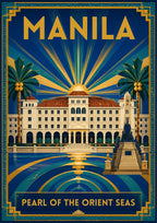 Palasyo sa Look — Manila art print: art deco poster of a grand white colonnaded building with a domed centre and red tile roof, flanked by palms, against radiating blue and gold sun rays and concentric water ripples